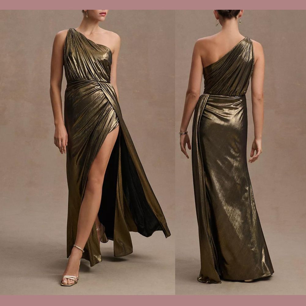 NWT $398 IEENA Mac Duggal [ 0‎ ] 26537 Metallic One Shoulder Draped Gown Gold